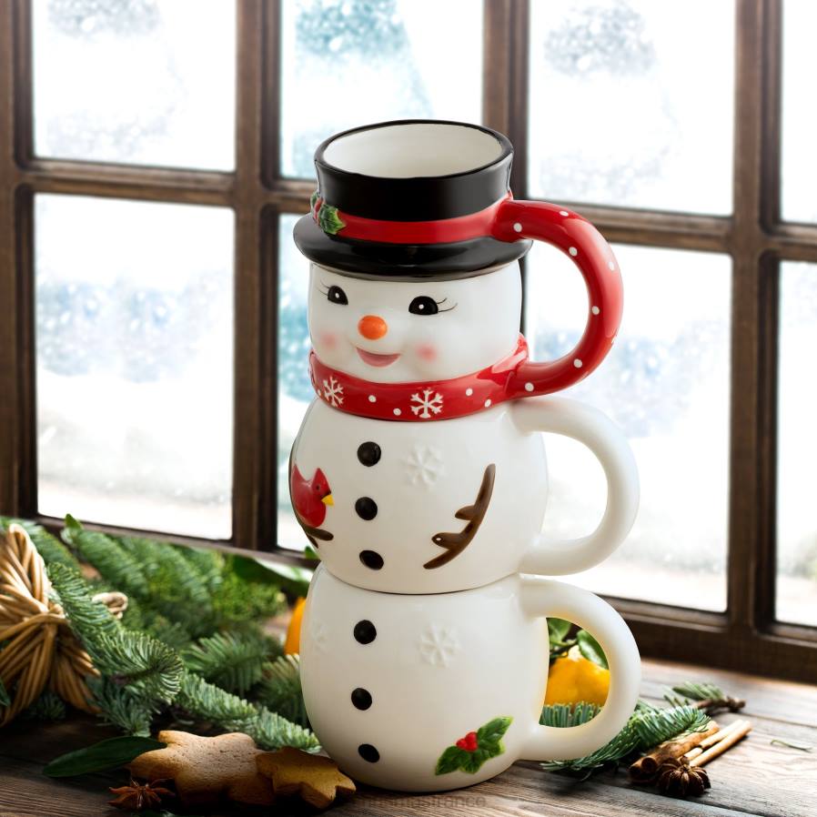 décoration Mr. Christmas Ensemble 12oz de 3 tasses empilables en céramique-bonhomme de neige D00B80