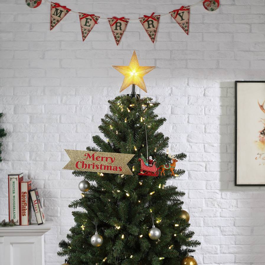 décoration Mr. Christmas Cimier d'arbre en traîneau du Père Noël animé avec bannière du 90e anniversaire D00B6